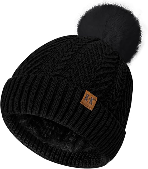 ECOMBOS Bobble Hat Women - Winter Hats for Women Warm Beanie Hats Knitted Wooly Hats Thermal Fleece Line Hat with Pom Pom for Ladies Outdoor Sports Ski
