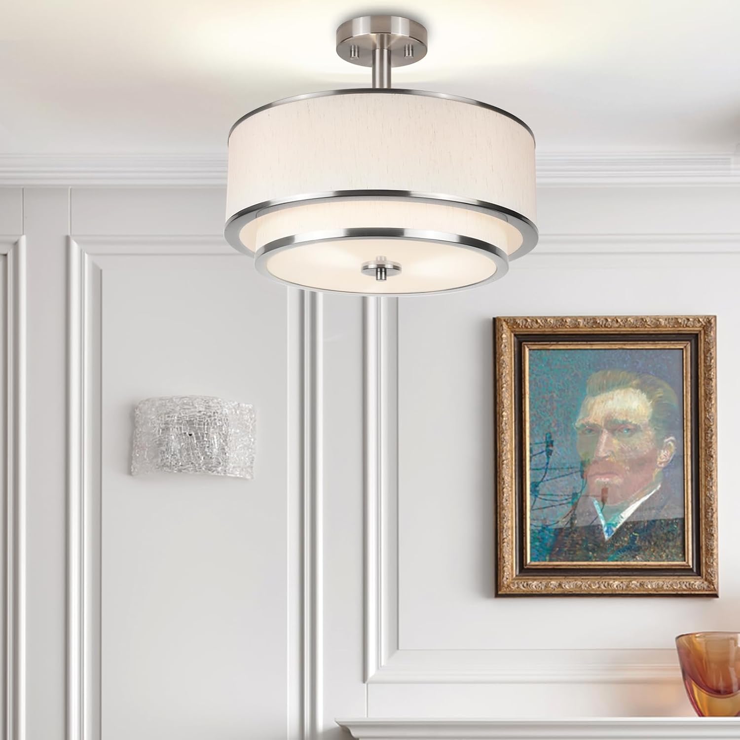 Edwarmlux 3-Light Semi Flush Mount Ceiling Light, 16" Drum Light with White Fabric Shade, Modern Close to Ceiling Lamp for Living Room Bedroom Dining Kitchen Hallway Entry (Brushed Nickel)