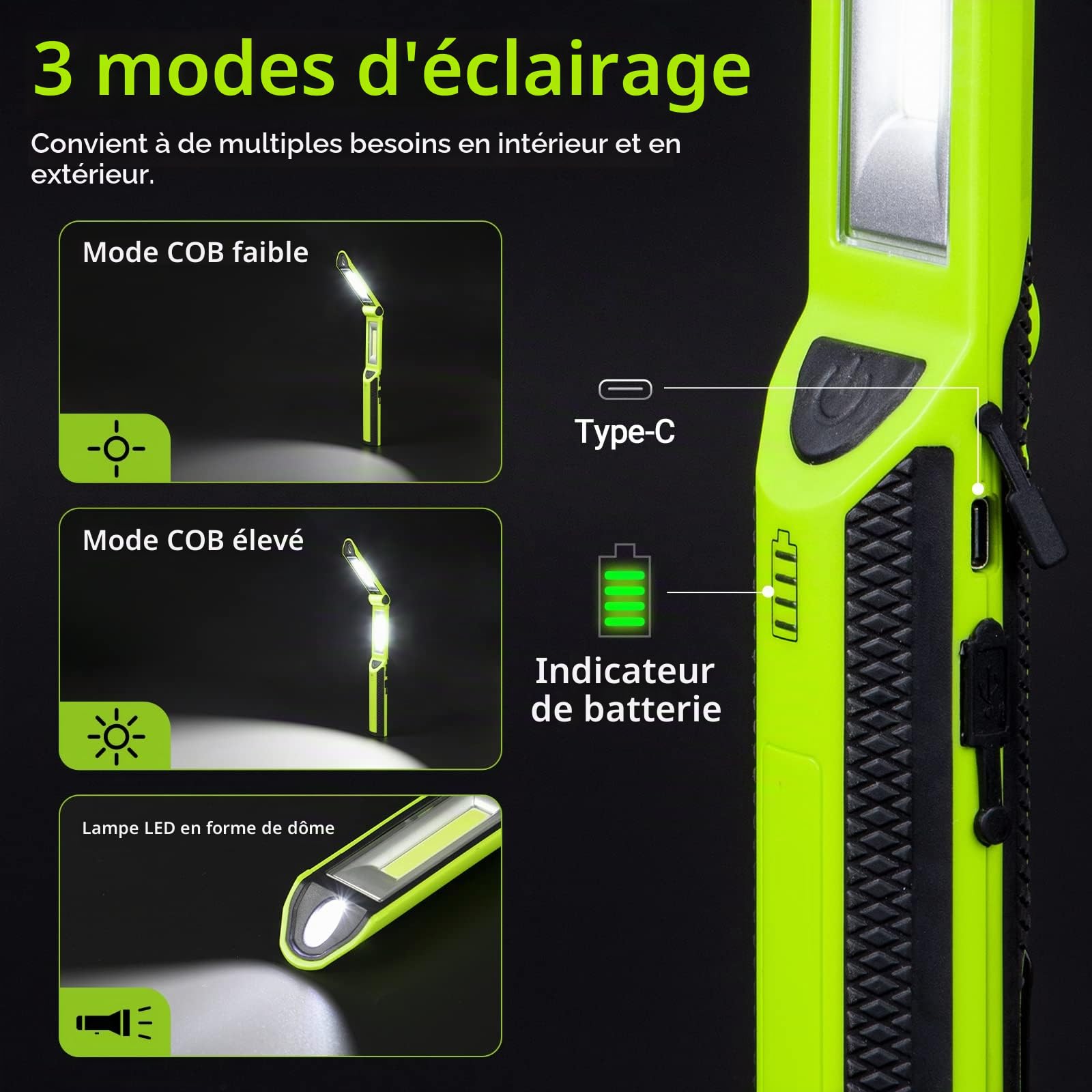 Ropelux Lampe de travail LED rechargeable 1500 lumens,lampe d'inspection pivotant à 180° 3 modes, avec 3 bases magnétiques et crochet pour lampe de mécanicien, pour réparation de voiture/sous le capot