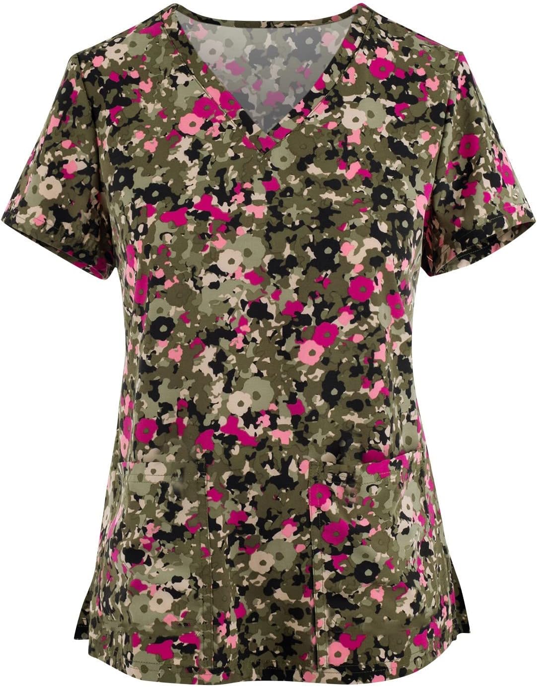 HXHYQKPWomens Scrub Tops Stretchy Nurse Scrubs Work Uniform Plus Size Nursing Scrubs with Pockets Happy New Year 2025