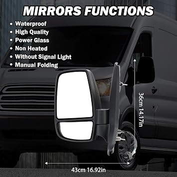 Driver Side Mirror,Mirror Assembly Compatible With 2015-2025 Ford Transit 150 250 350 350 HD,Transit Tow Power Glass,Towing Without Signal Light Non Heated,Black(Short Arm)