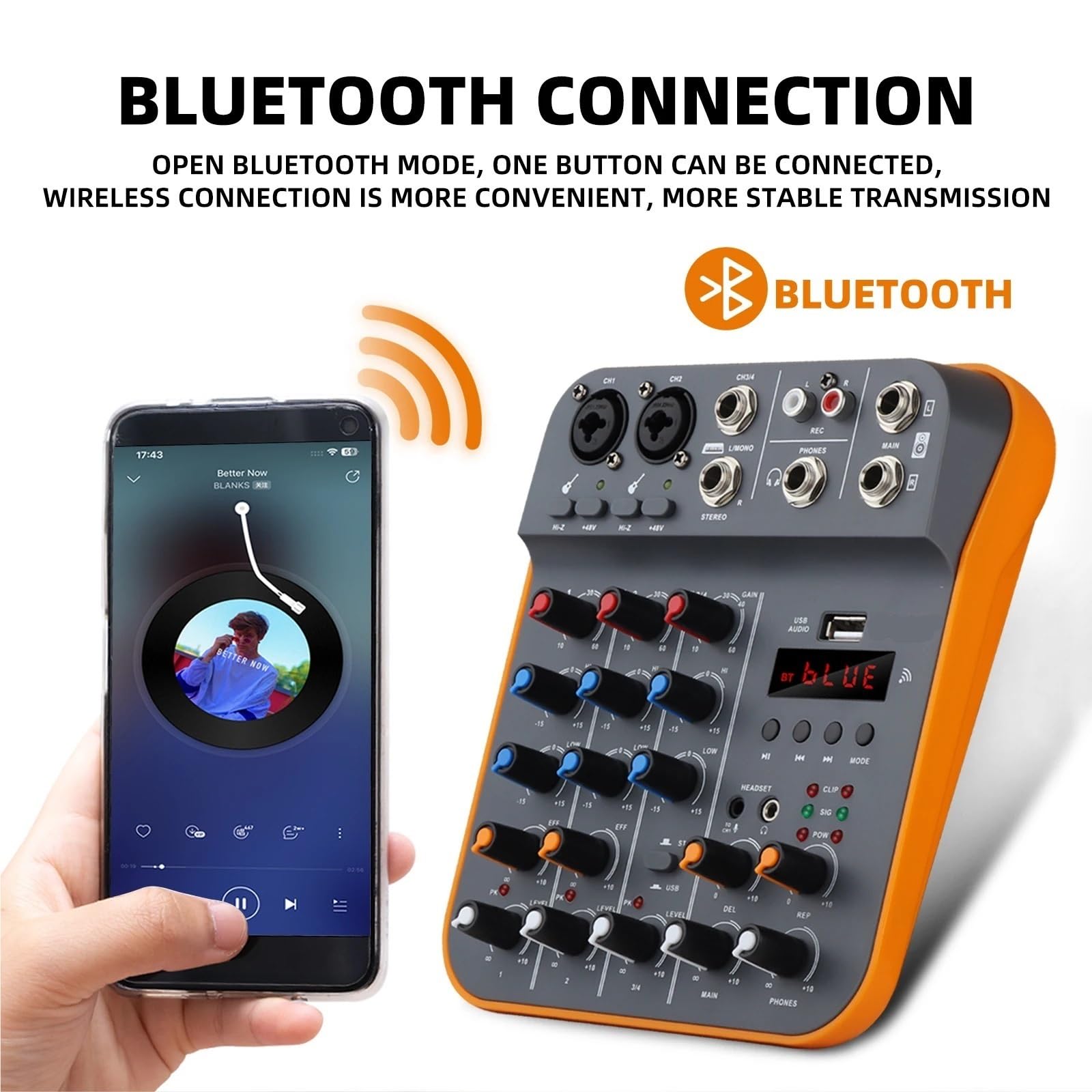 Sintonizzatore a 4 canali, console DJ con scheda USB Bluetooth 5.0 48V Phantom Power for registrazione su computer,