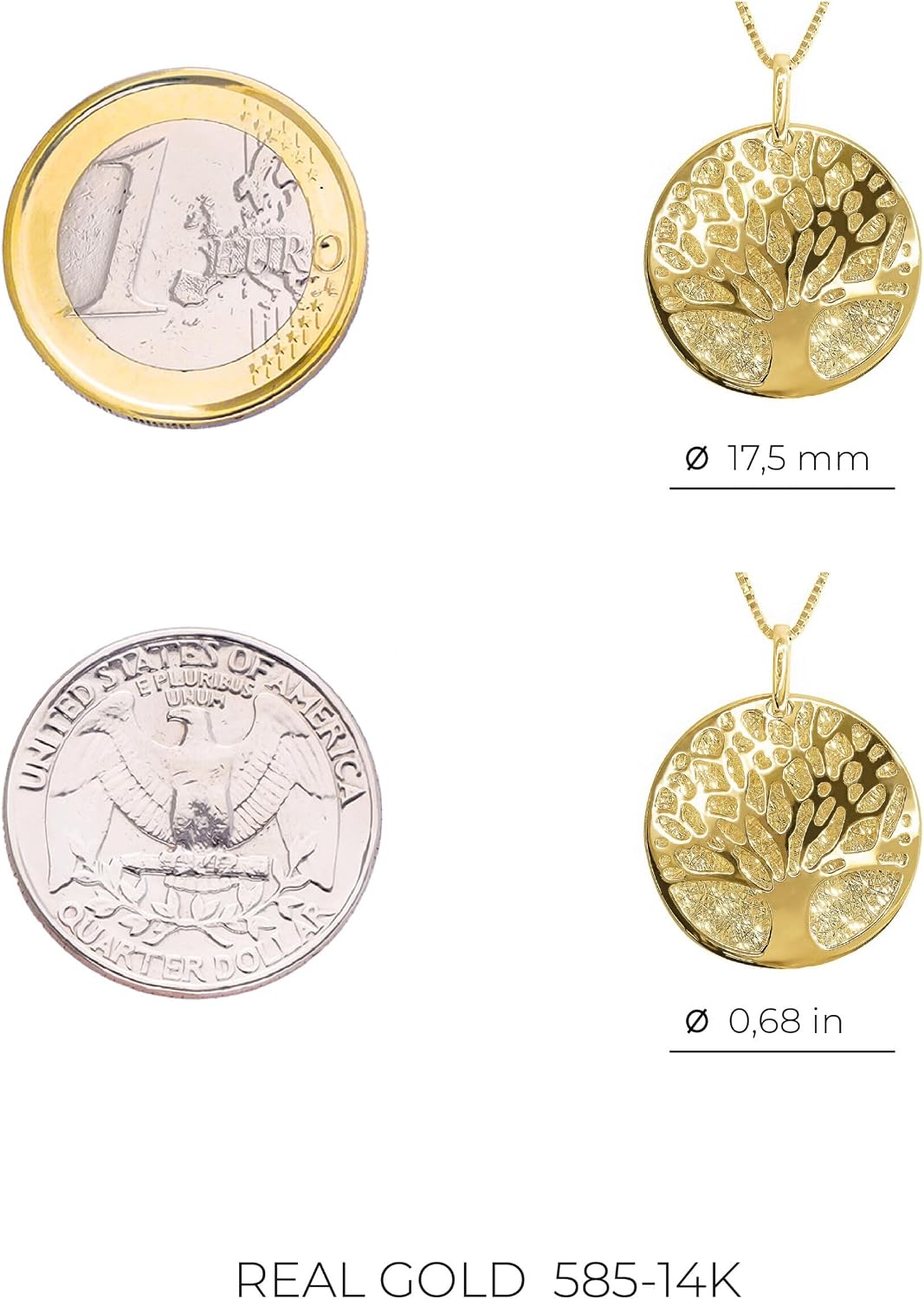 Lucchetta - Authentic Italian 14k Gold Tree of Life Pendant, Dainty Gold Necklace for Women, Diamond-Cut Round Medal with Venetian Box Chain 16+2" Extender ; Gift Box Included - Jewelry from Italy