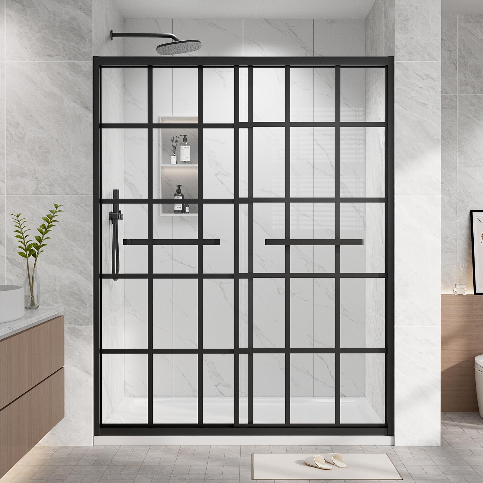 Photo 1 of *** FACTORY SEALED *****55-60" W x 72" H Double Sliding Shower Door, Waterproof & Leak-Proof Design, Stainless Steel Hardware, 1/4" SGCC Tempered Glass with Nano Coating,Grille Matte Black, Worry-Free After-Sales Support