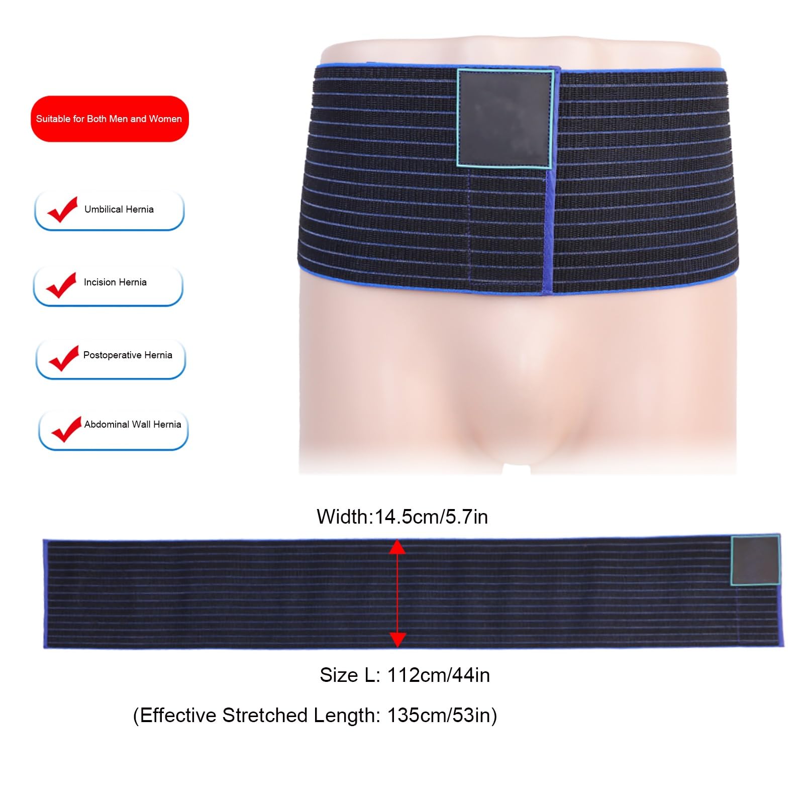 Umbilical Hernia Belt for Men and Women，Abdominal Support Binder with Compression Pad for Naval, Ventral, Incisional(Black,Large)