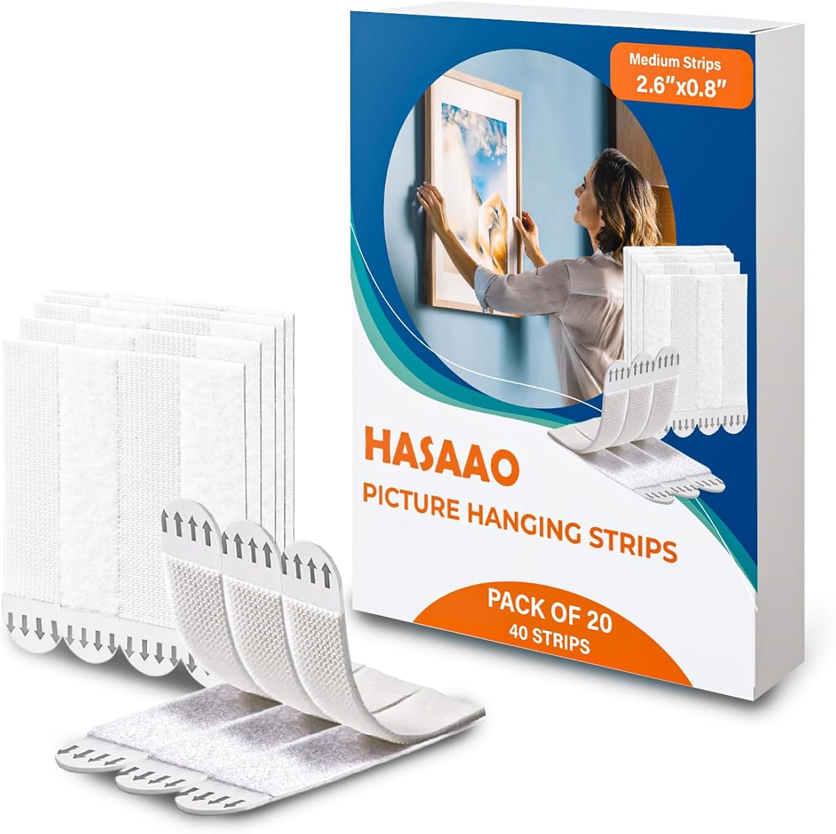 Picture Hanging Strips 40 Strips (20 Pairs), Damage Free Removal, Wall Poster Picture Hangers Without Nails, Sticky Hook & Loop Adhesive Strips for Poster/Picture/Home/Office (White)