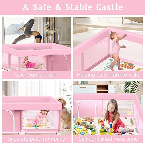 Miniatura 7 de Corralito rosa para bebés con alfombra, corralito de 50 x 50 pulgadas con tapete impermeable para bebés y niños pequeños, corralito para niñas,