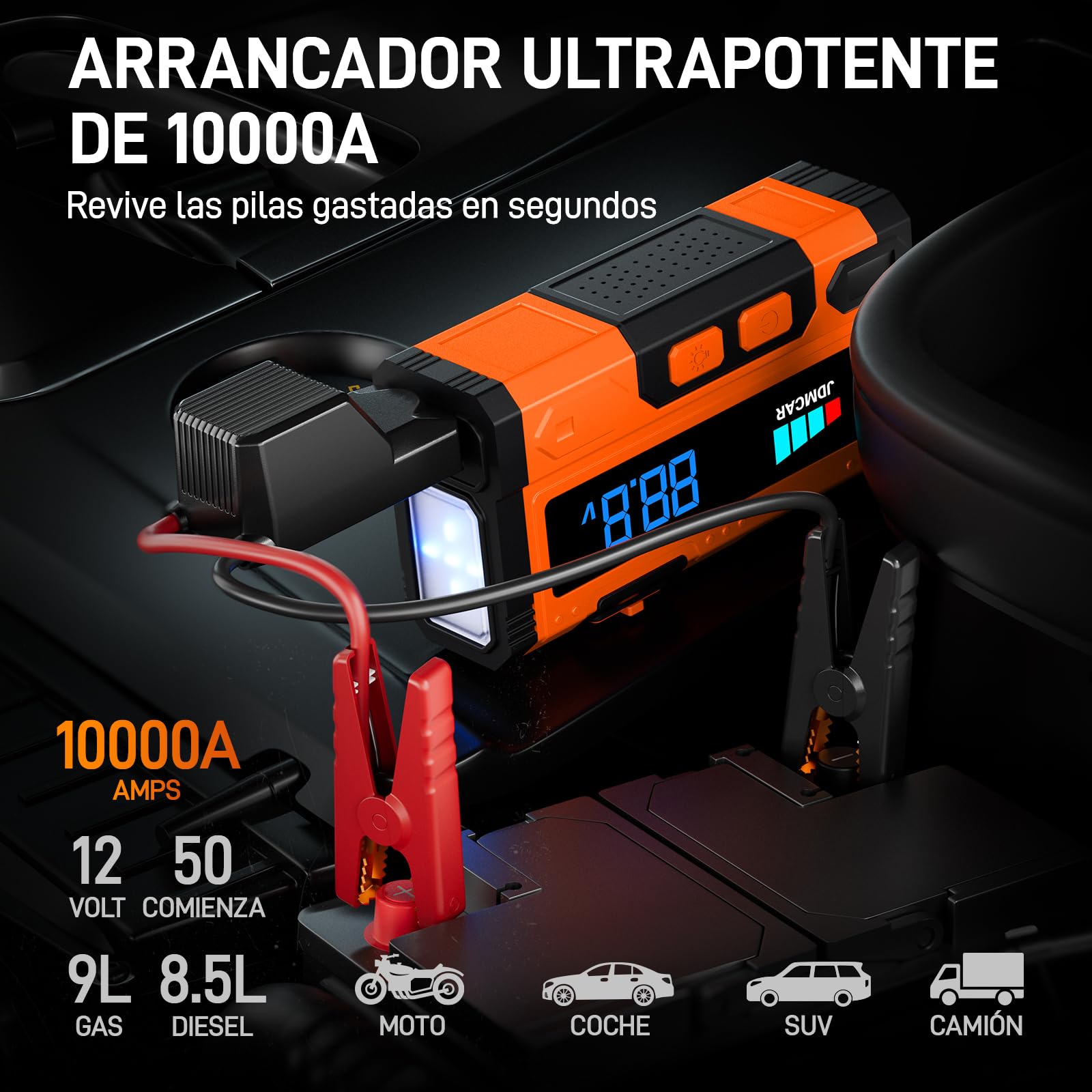JDMCAR Arrancador de Baterias de Coche - 𝟏𝟎𝟎𝟎𝟎𝐀 𝟏𝟐𝐕 Jump Starter | Arrancador de Coches Motor 9.0L Gasolina o 8.5L Diesel, Arrancador portatil con Pantalla LCD y Carga Rápida y Linterna LED