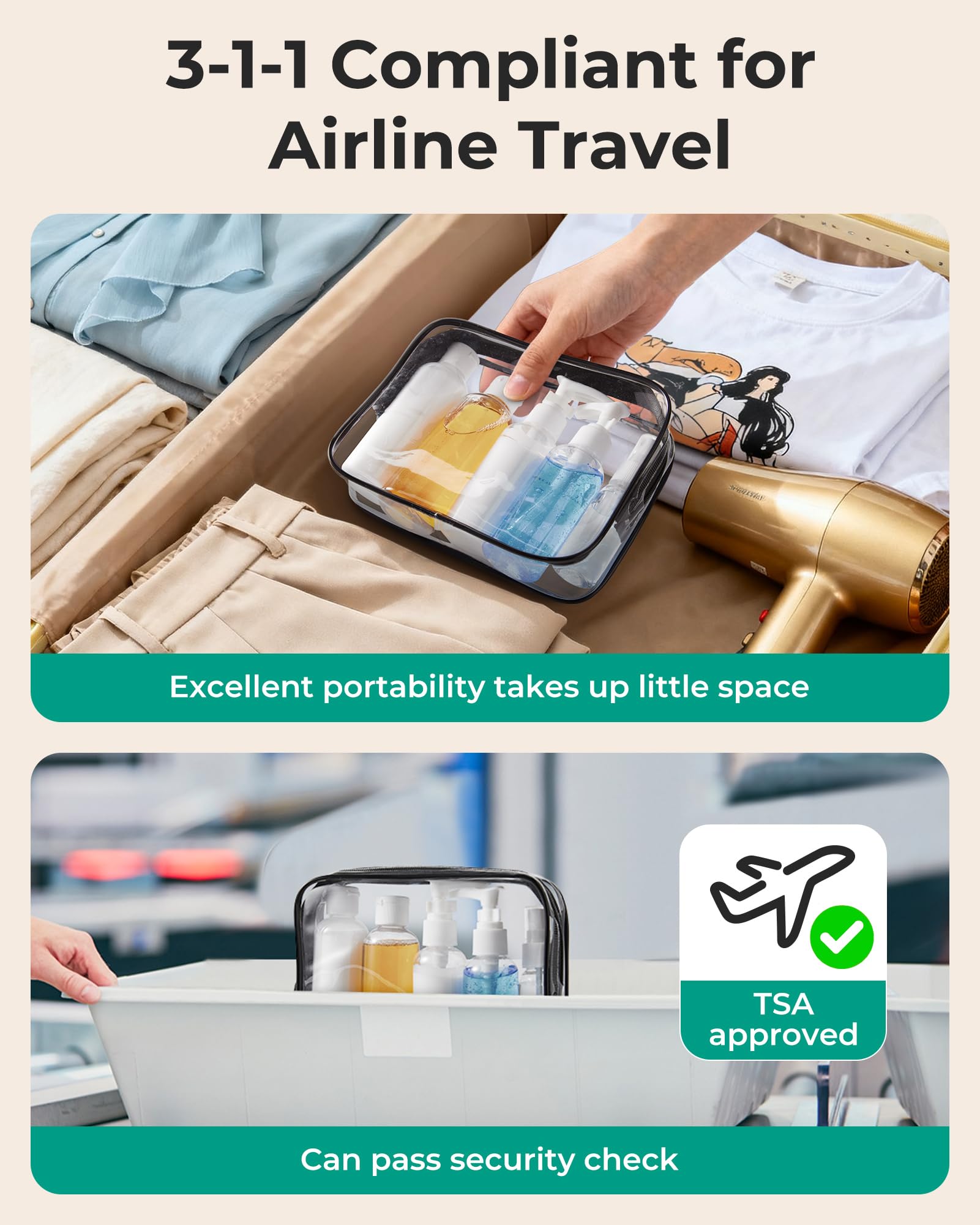 BAGSMART Clear Toiletry Bag, 2 Pack TSA Approved Travel Toiletry Bag Carry on Travel Accessories Bag Airport Airline Quart Size Bags Water Repellent Makeup Cosmetic Bag for Women (Black-2pcs): 1 Pack with 5 bottles, Medium Pure Black