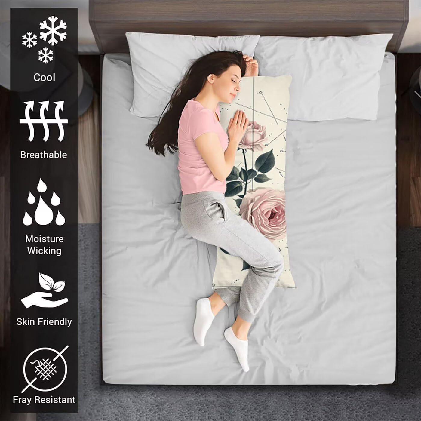 Fioletowa poduszka do spania na boku poszewka 60 x 180 cm, kwiatowa poduszka do spania na boku z niewidocznym zamkiem błyskawicznym, dwustronny nadruk, aksamit poprawia jakość snu, prezent dla kobiet