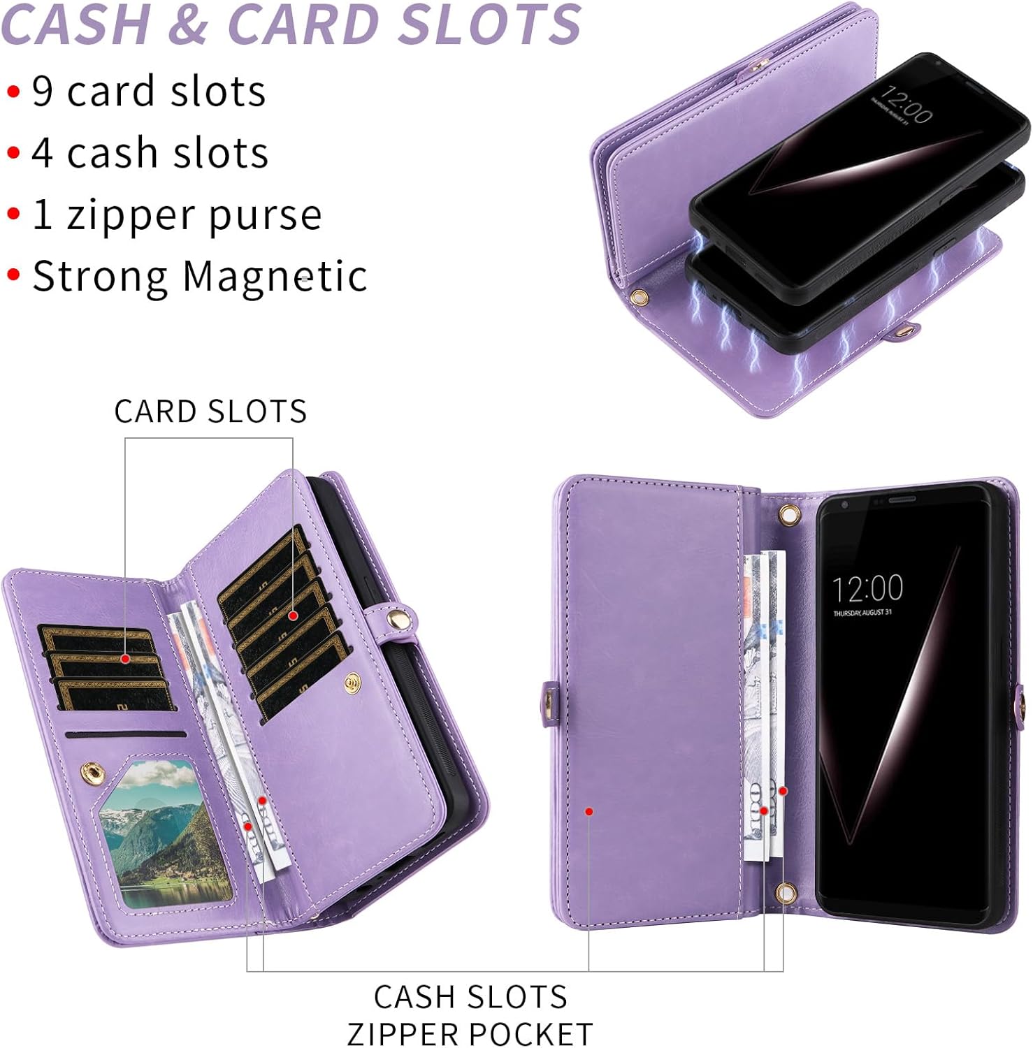 Asuwish Phone Case for LG V35 ThinQ V30 Plus Zipper Wallet Detachable Cell Cover with Screen Protector Strap Bling Glitter Flip Card Holder LGV30 LGV35 LG30 LG35 V 30 35 V30+ V30s H931 Women Purple