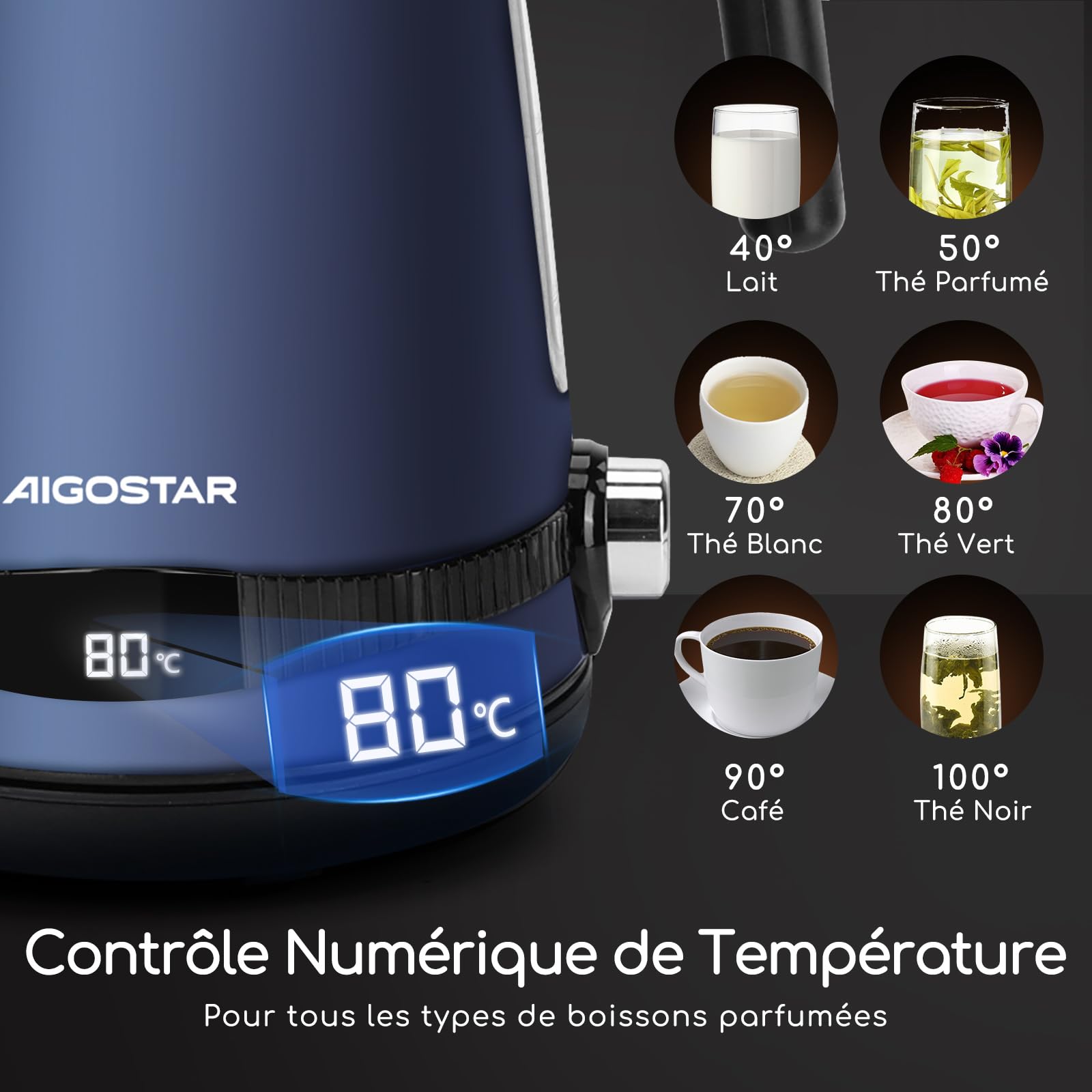 Aigostar Bouilloire Electrique Temperature Reglable inox 1,7L Bleu Foncé Vintage - Bouilloire électrique 2200W, Maintien Au Chaud, ébullition Rapide, Pas de Plastique à L'intérieur, Sans BPA