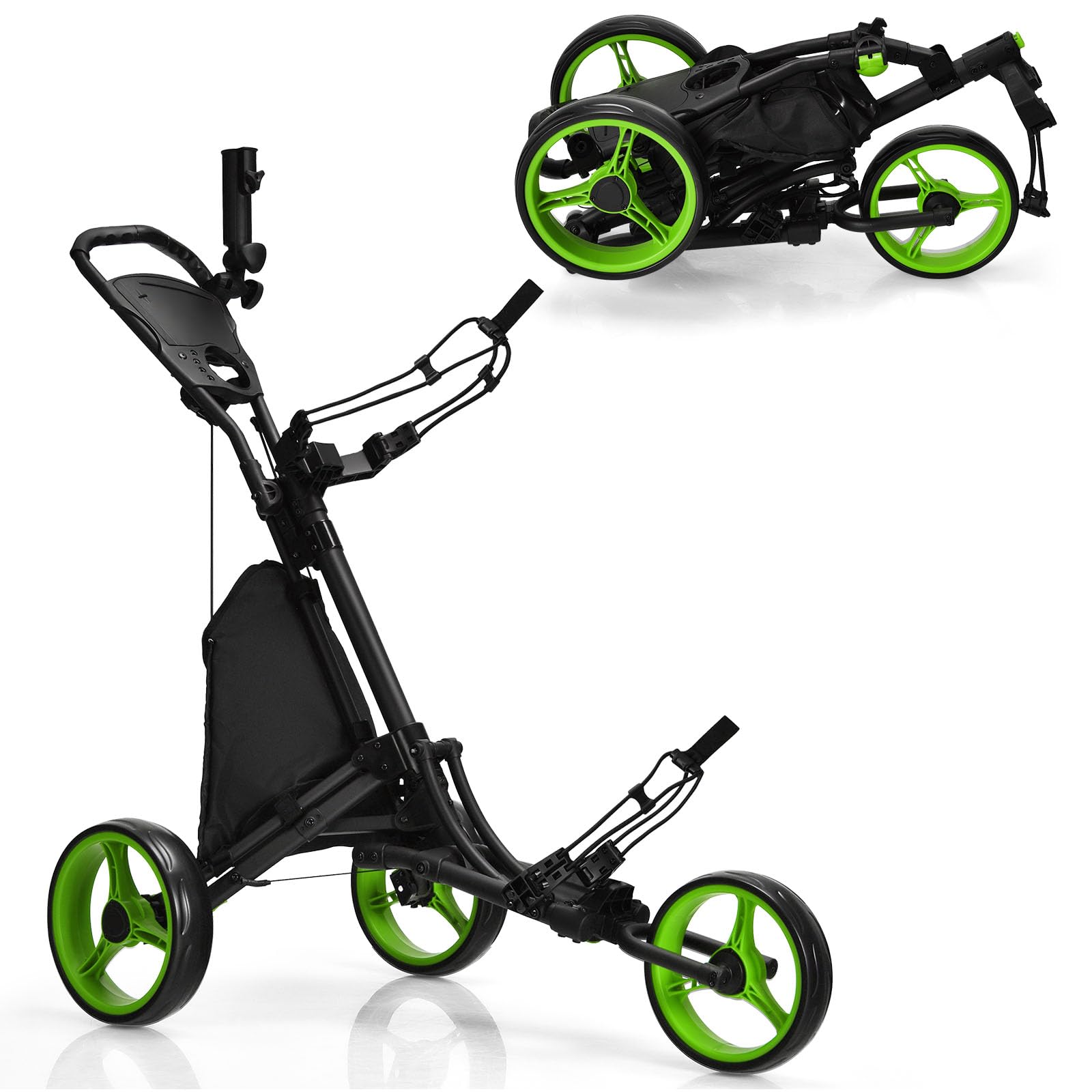 LIFEZEAL Carrello da golf pieghevole, 3 ruote Golf Push Cart con freno a pedale, carrello da golf con 3 posizioni regolabili in altezza, pieghevole con portaombrelli e portabottiglie e borsa