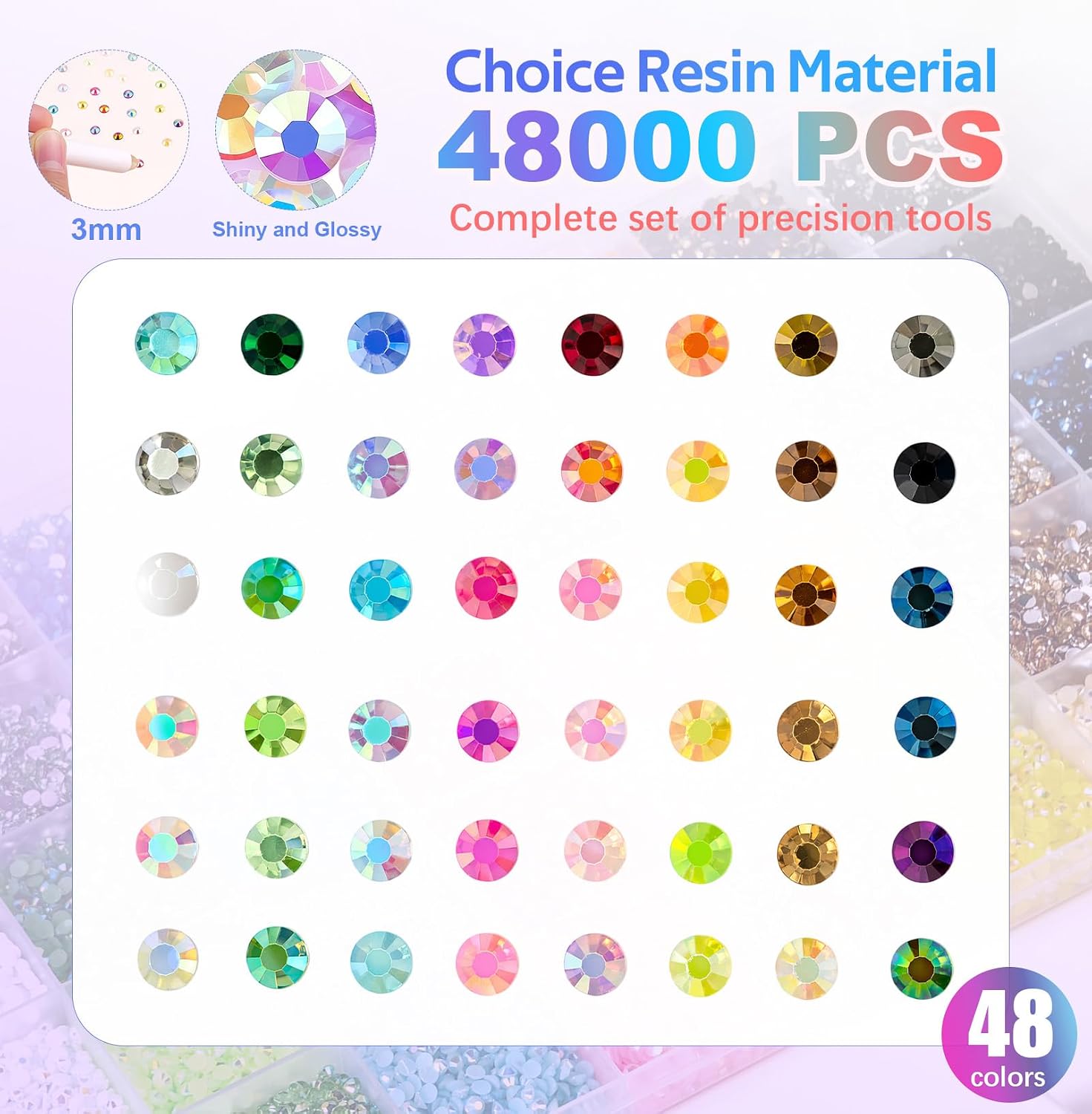 34000Pcs 48 Colors Resin Jelly Rhinestones for Bedazzling, 3mm Multicolor Flatback Diamond Gems for Crafting, Bedazzler Kit with Tools for Nail Art DIY Crafts Clothing Shoes Book Makeup