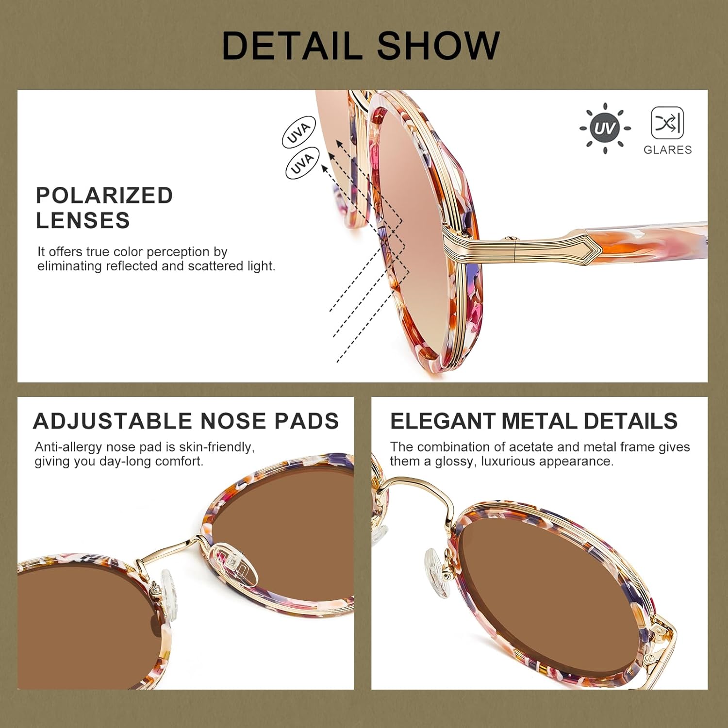 CARFIA Acetate-Metal Frame Round Sunglasses for Women Polarized UV Protection Stylish Designer Eyewear CA1951
