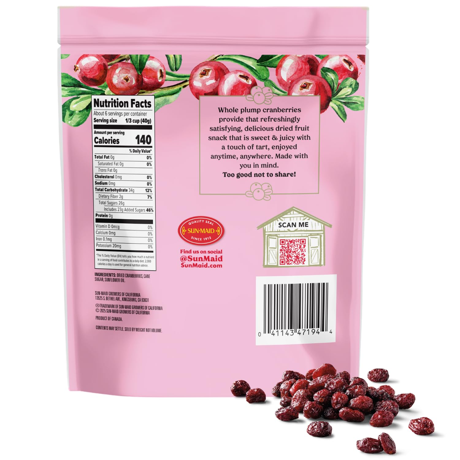 Sun-Maid Farmstand Reserve Whole Dried Cranberries - (4 Pack) 8 oz Resealable Bag - Dried Fruit for Holiday Snacks and Charcuterie Boards