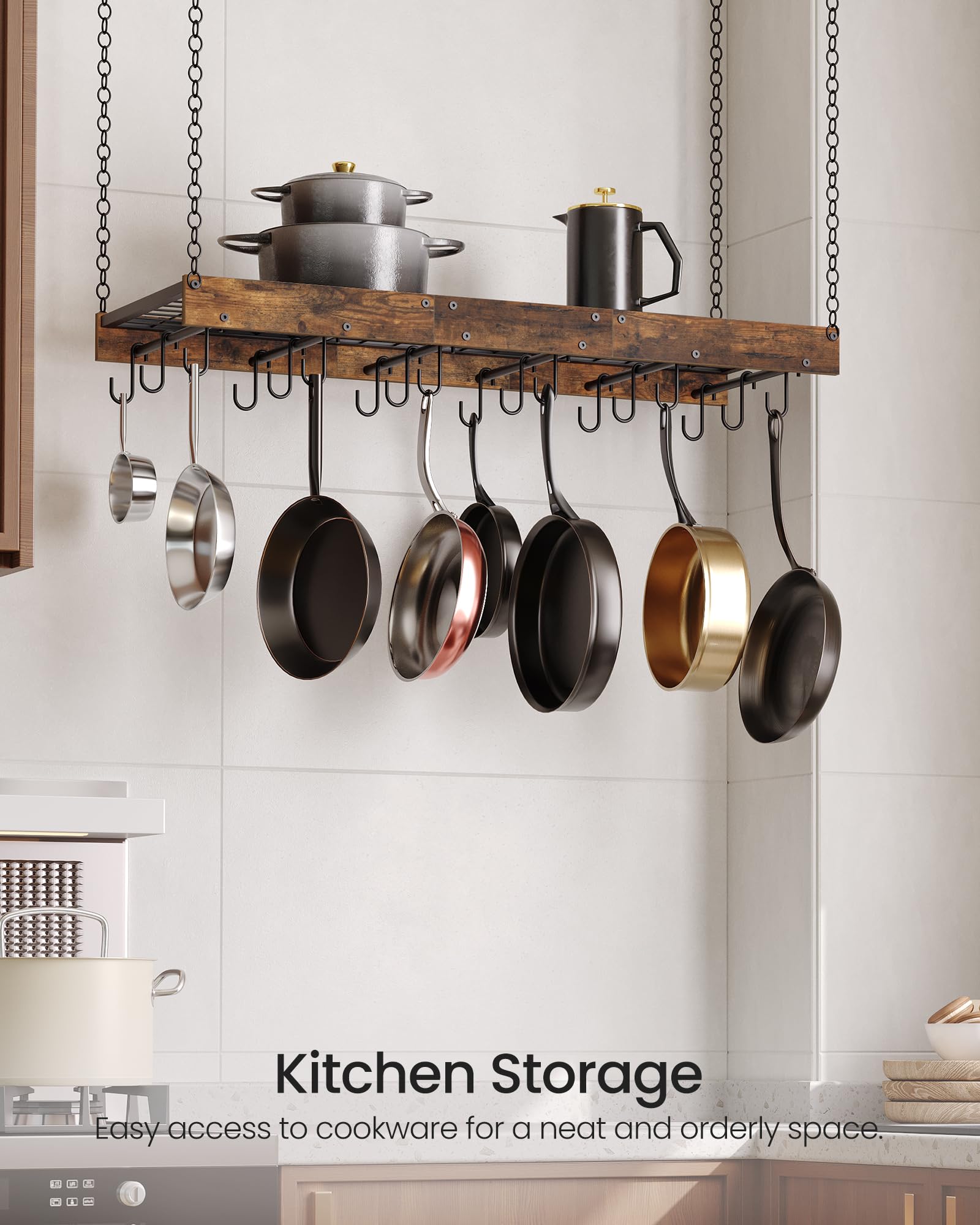CHOEZON Colgador de Ollas, Soporte para Sartenes Suspendido del Techo, Estante de Cocina, Estilo Industrial, 18 Ganchos, Almacenamiento de Utensilios, Negro y Marrón Rústico DTPR12BFC1