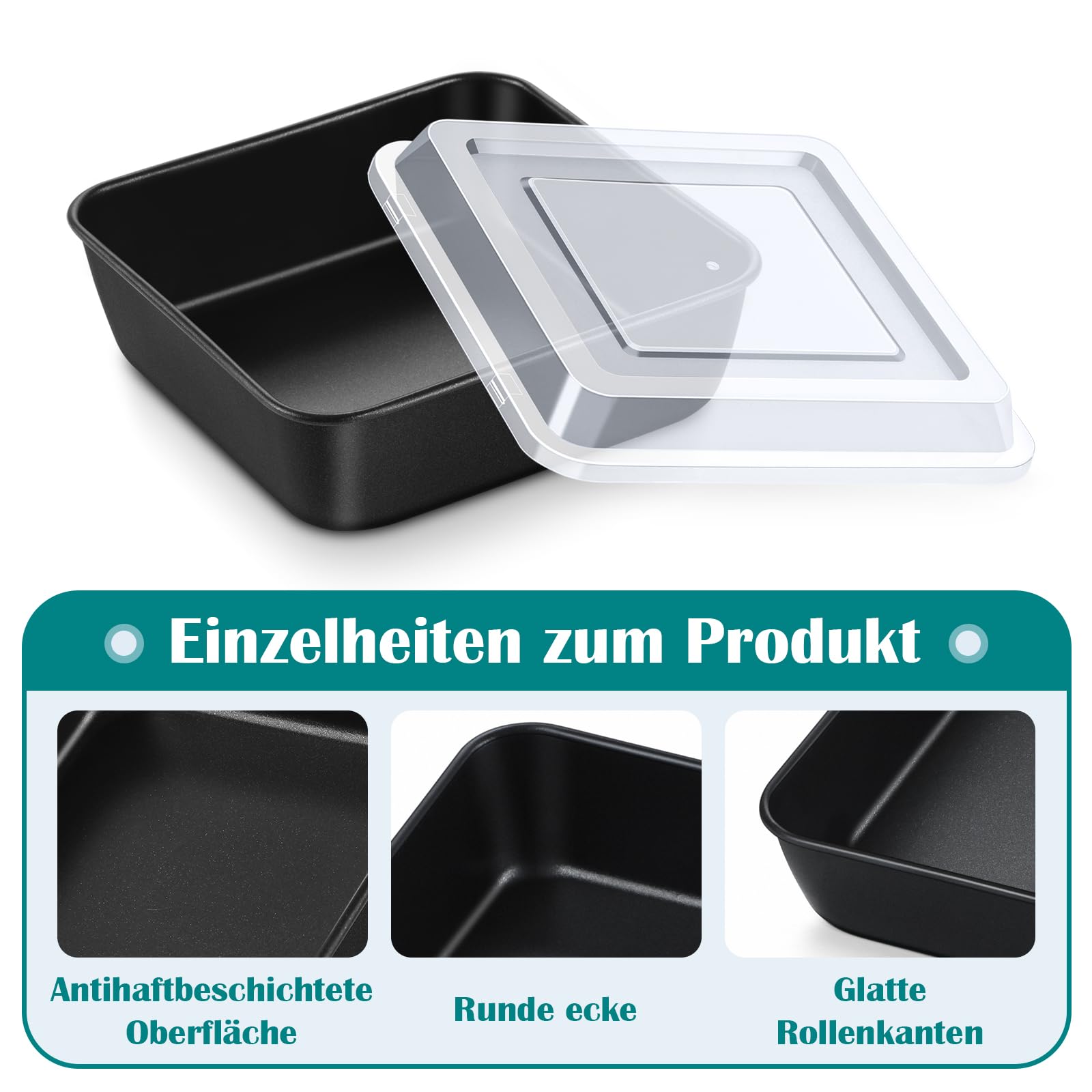 Homikit Quadratische Auflaufform, Antihaft Kuchenform mit Deckel, Edelstahl Eckig Backform 15,9 * 15,9 * 5cm, Klein Backblech für Casseroles Lasagne Brownin, Gesund & Leicht zu Reinigen