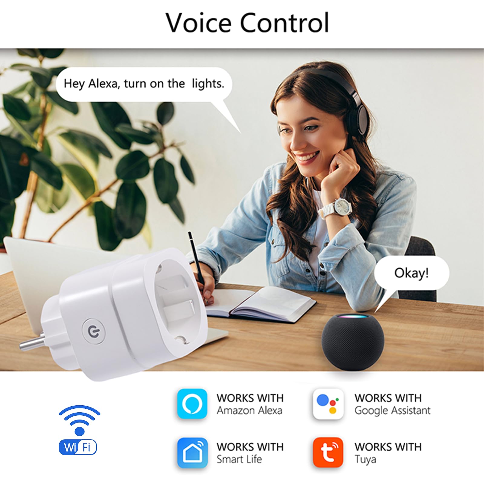Enchufe inteligente con WiFi, compacto, control de voz y aplicación, compatible con Smart Life, sin concentrador, para bombillas LED regulables