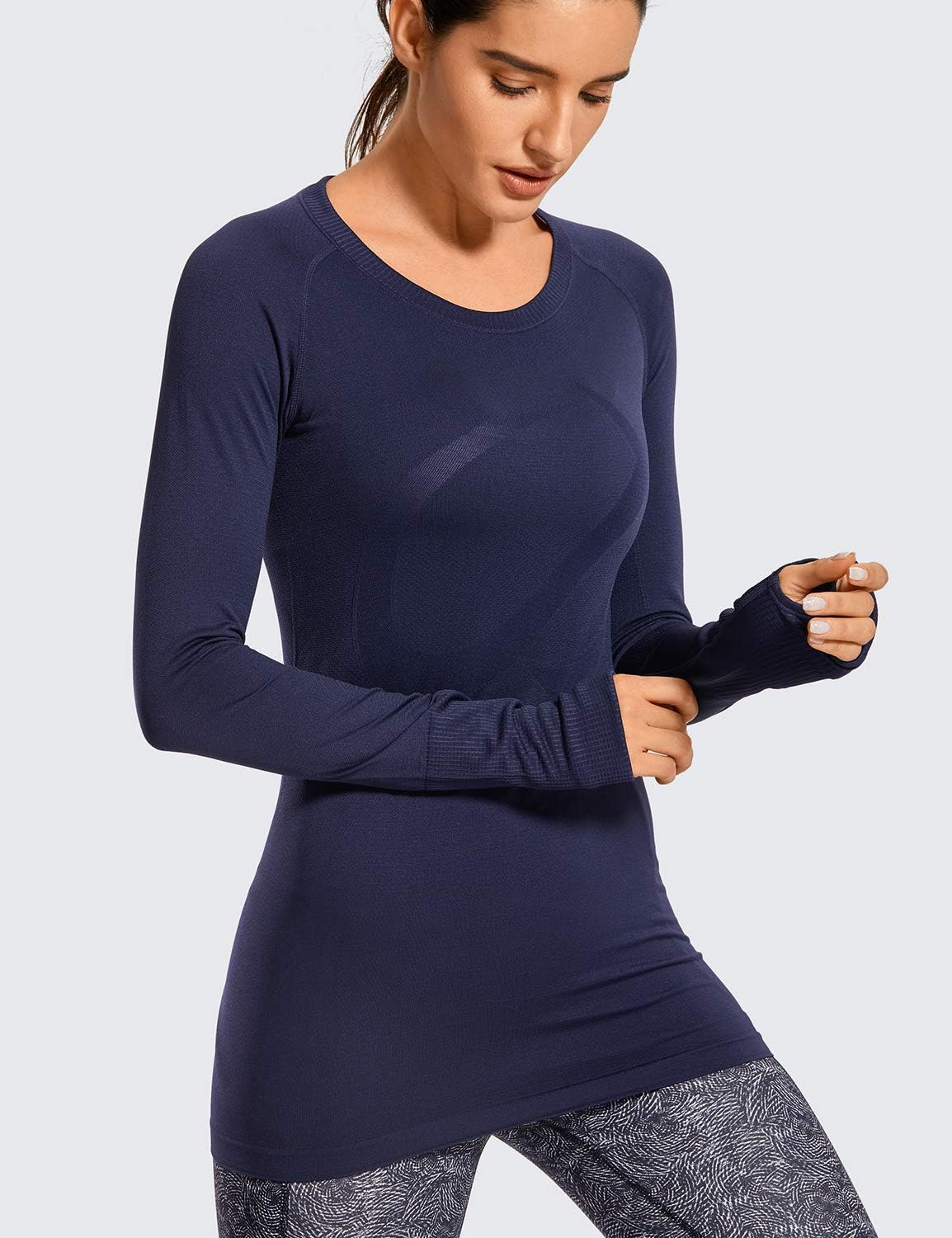 CRZ YOGA Women's Seamless Athletic Long Sleeves Sports Running Shirt Breathable Gym Workout Top Navy-Slim Fit Large - Image 3