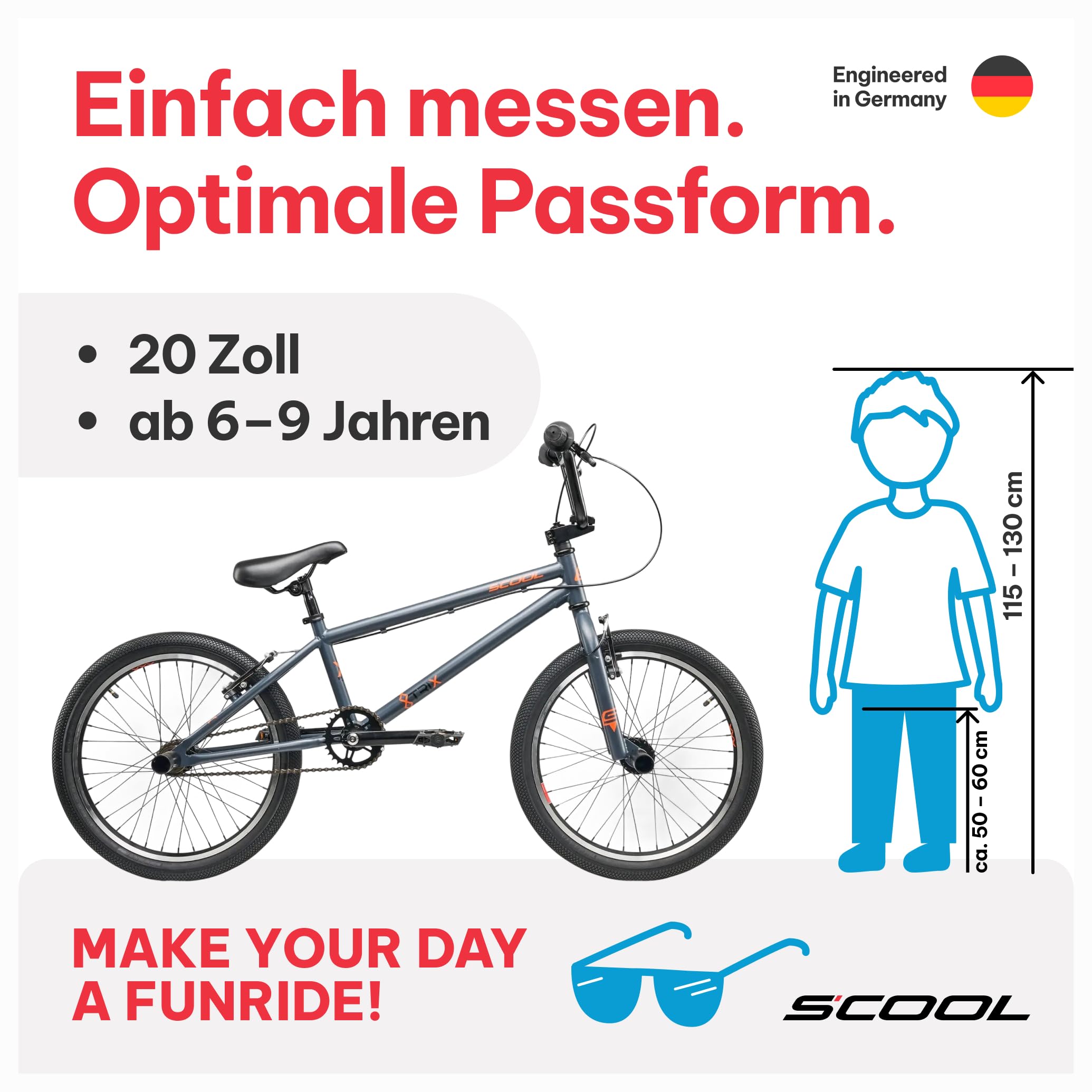 S’COOL Kinderfahrrad 20 Zoll, Kinder BMX Fahrrad – BMX für Kinder ab 6 Jahren – Körpergröße ab ca. 120 cm – Freestyle & Stunt Bike – 1-Gang XtriX BMX