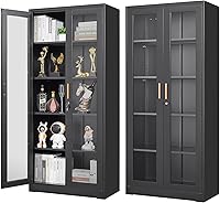 POLUP Glass Display Cabinet with Lock - Tempered Glass Doors, Adjustable Shelves, Heavy-Duty Metal Curio for Living Room, Office, School, Black 71"H