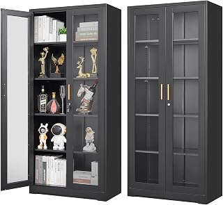 Polup 71" Glass Display Cabinet with Lock - Heavy-Duty Metal Curio Case, Tempered Glass Doors, Adjustable Shelves for Living Room, Office, Black