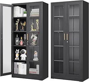 Polup Glass Display Cabinet with Lock, Metal Curio Cabinet with Tempered Glass Doors & Adjustable Shelves, Black