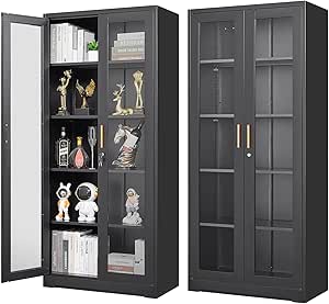 Glass Display Cabinet with Lock, Metal Curio Cabinet with Tempered Glass Doors & Adjustable Shelves, Black