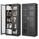 Glass Display Cabinet with Lock, Metal Curio Cabinet with Tempered Glass Doors & Adjustable Shelves, Heavy-Duty China Cabinets for Living Room, School, Commercial, Black, Assembly Required