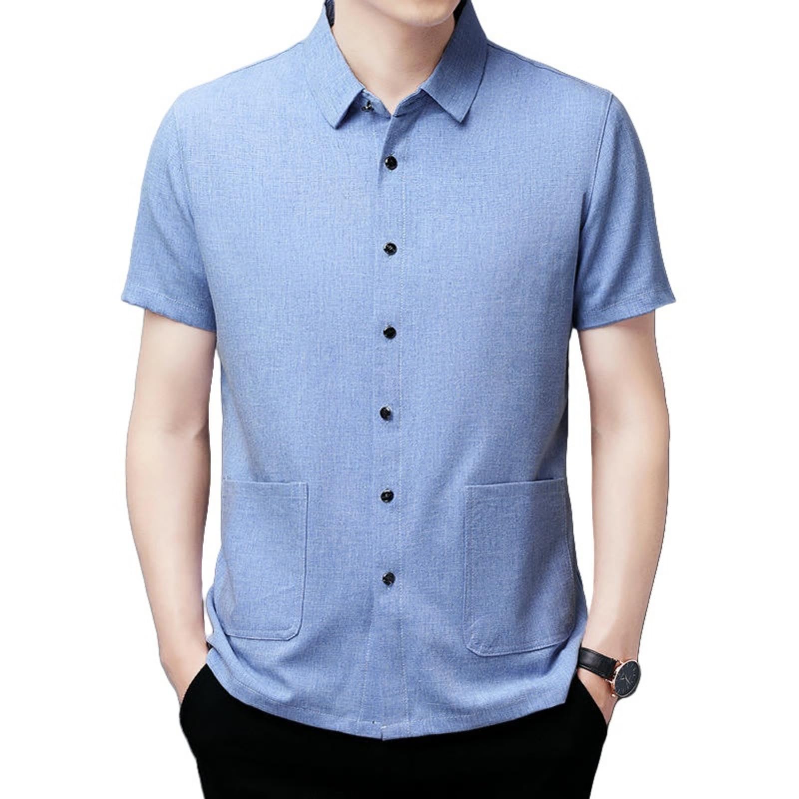 Camicia da uomo in cotone e lino, a maniche corte, tinta unita, vestibilità ampia, con più tasche