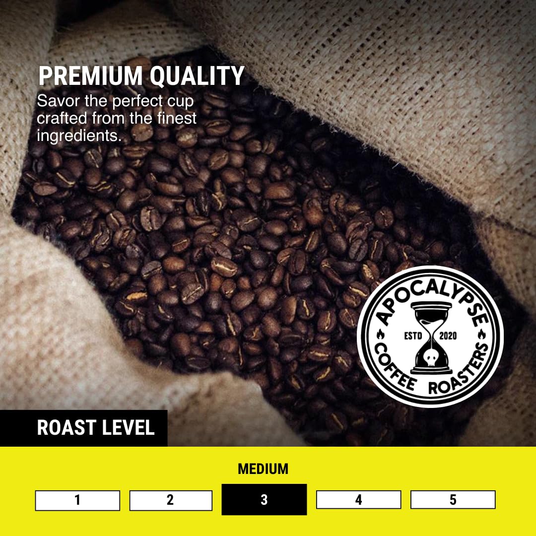 Apocalypse Coffee Roasters - The Bomb - Organic Whole Bean Coffee - Craft Roasted Bali Blue Moon Blend - Medium Roast - Smooth, Dark Chocolate, Vanilla Finish - Small Batch - Family Owned - 12oz
