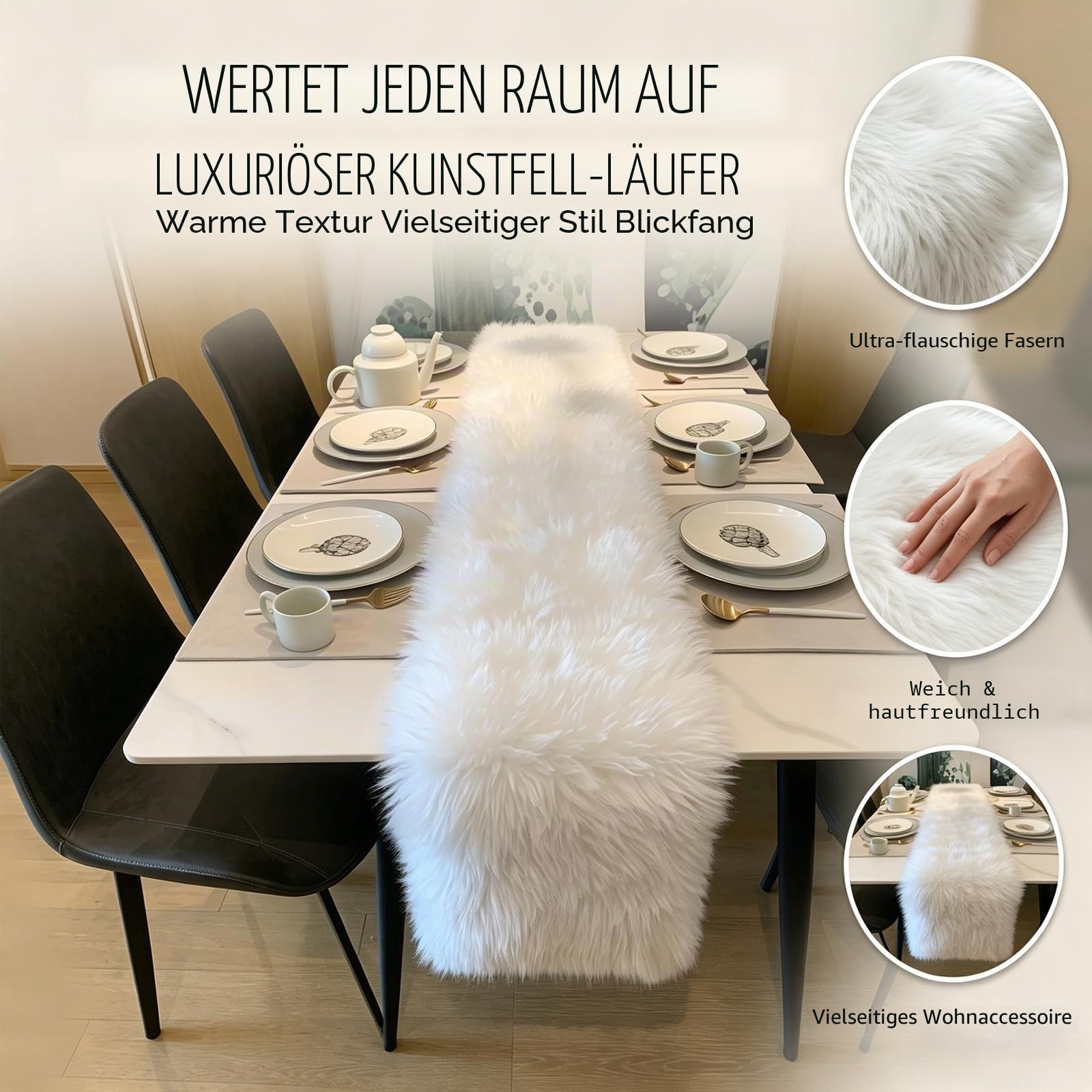 Kunstfell Tischläufer,Fell Tischläufer Weihnachten Weiß Modern Deko Oster Perfekt für Weihnachten ,Hochzeit Home Esstisch, Schminktisch, Couchtisch (30cm x 180cm) | Weicher, flauschiger weißer Kunstfell-Tischläufer für Weihnachten, Esstischdekoration mit