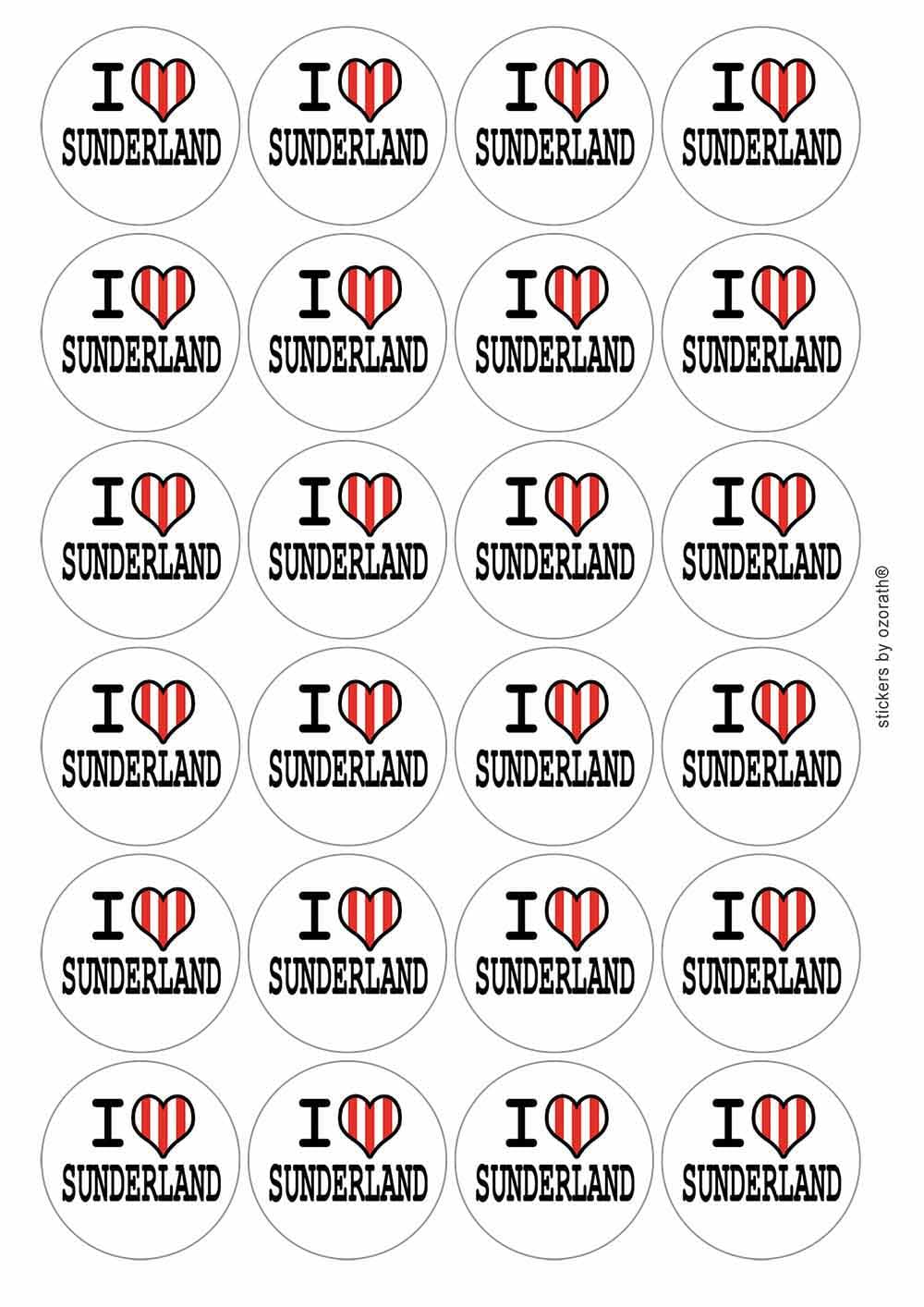I Heart Love Sunderland Circular Matt Paper Stickers A4 Sheet of 24 (Each Sticker is 45mm Diameter)