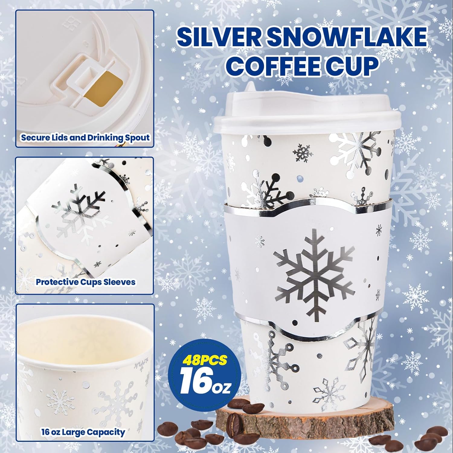 48 Pack 16 oz Snowflake Disposable Coffee Cups with Lids and Sleeves Silver Winter To Go Paper Coffee Cups Beverage Drinking Cups for Christmas Frozen Party Office Travel Business Supplies