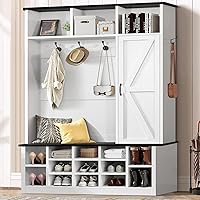 4ever2buy 79 Inch Farmhouse Hall Tree with Shoe Storage Bench, Entryway Coat Rack with Adjustable Shelves & Hooks, White