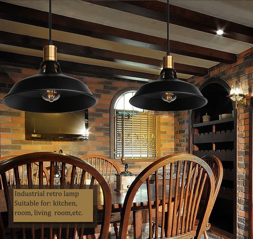 Lampada a Sospensione Industriale Vintage Lampadario Plafoniera E27 in Metallo Ø27cm Lampada da soffitto Retro Interni Per Cucina Camera da letto Sala Da Pranzo (Nero, 3 pezzi)