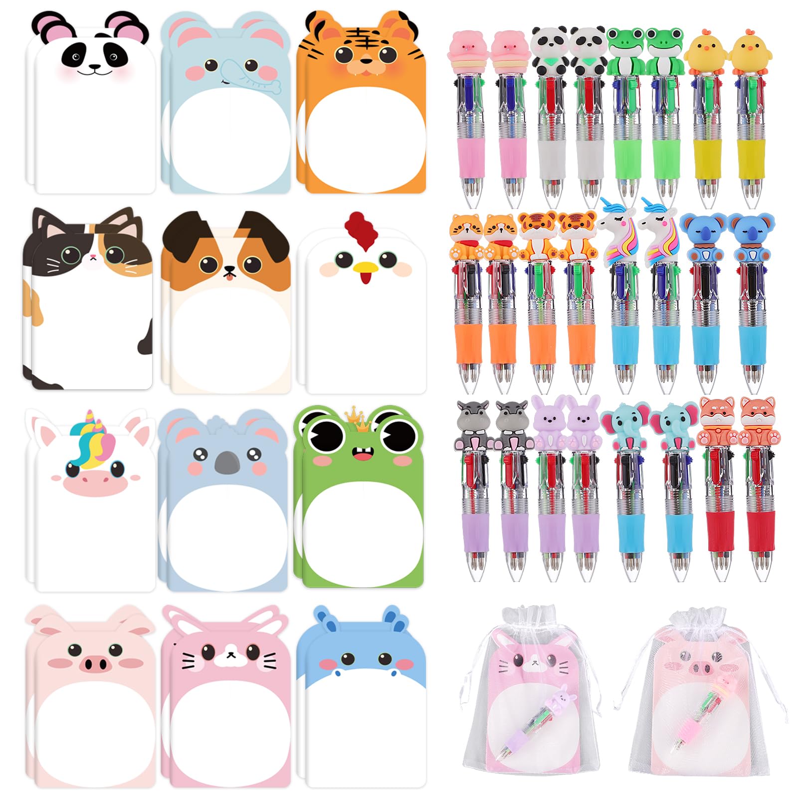 BESARME Lot de 24 ensembles de papeterie amusants, 24 stylos mignons 4-1 et 24 carnets de poche animaux avec sacs cadeaux, prix de classe, cadeaux de fête