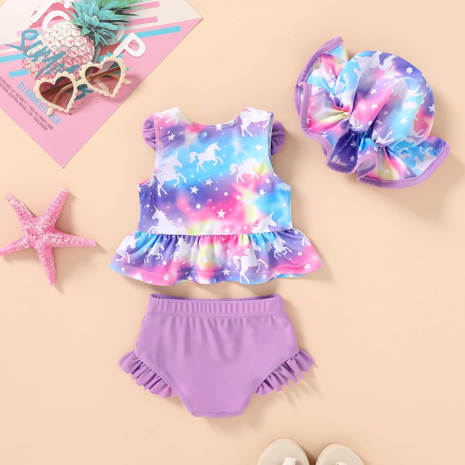 Happy Town Toddler Swimsuit Baby Girl Bathing Suit Sleeveless Bow Floral Bikini Top Ruffle Shorts with Hat Beach Swim Wear - Image 3