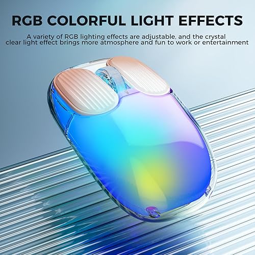 Miniatura 5 de Doohoeek Ratón USB inalámbrico Bluetooth 2.4G transparente, recargable de doble modo con carcasa dura de cristal y pantalla LED e iluminación RGB