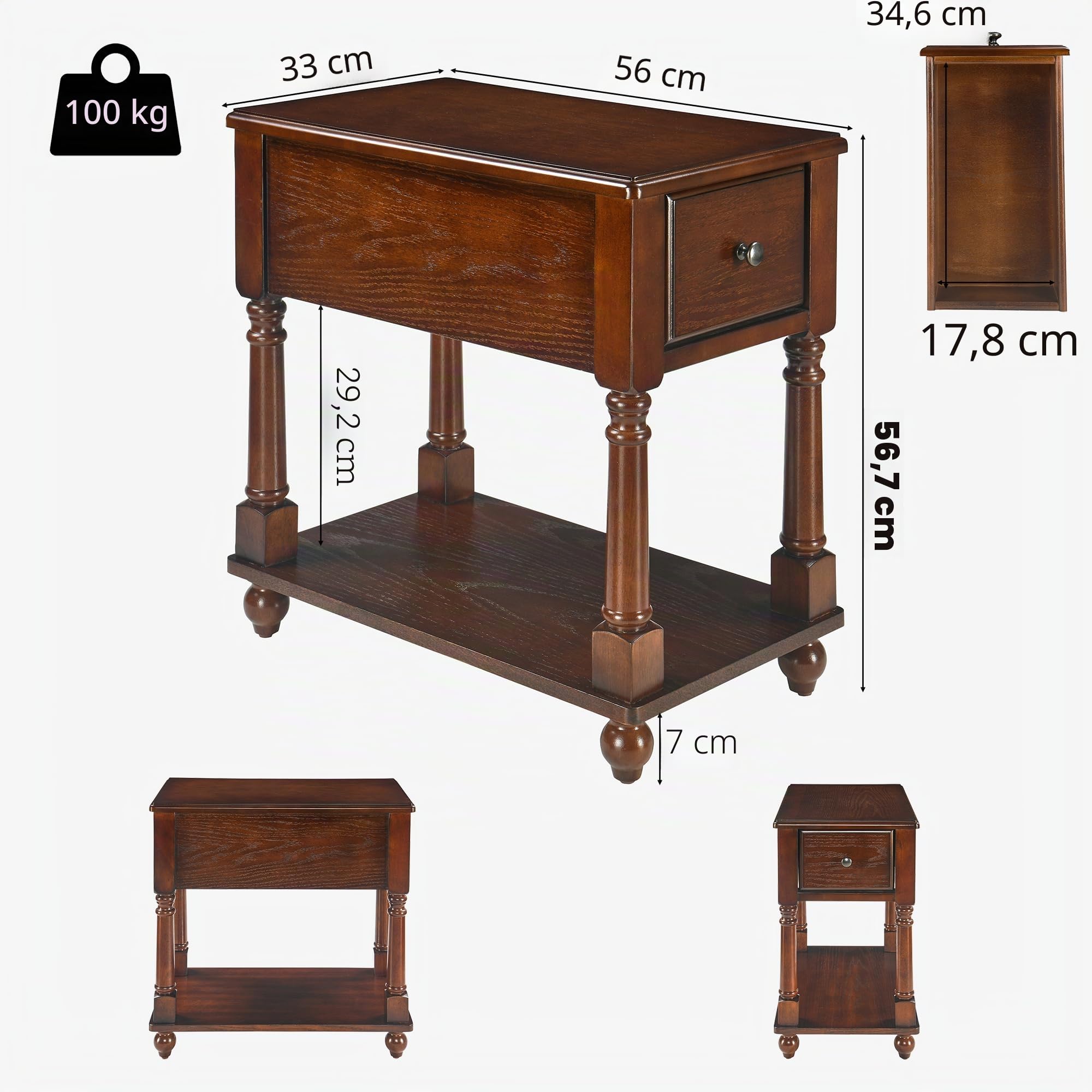 PADMA HOUSE Schmaler Beistelltisch mit Schublade und Ablagefläche, Massivholz Sofa Nachttisch, Schlank neben Tisch 56L x 33W x 56,7H werkzeuglose Montage (Dunkel Walnut)
