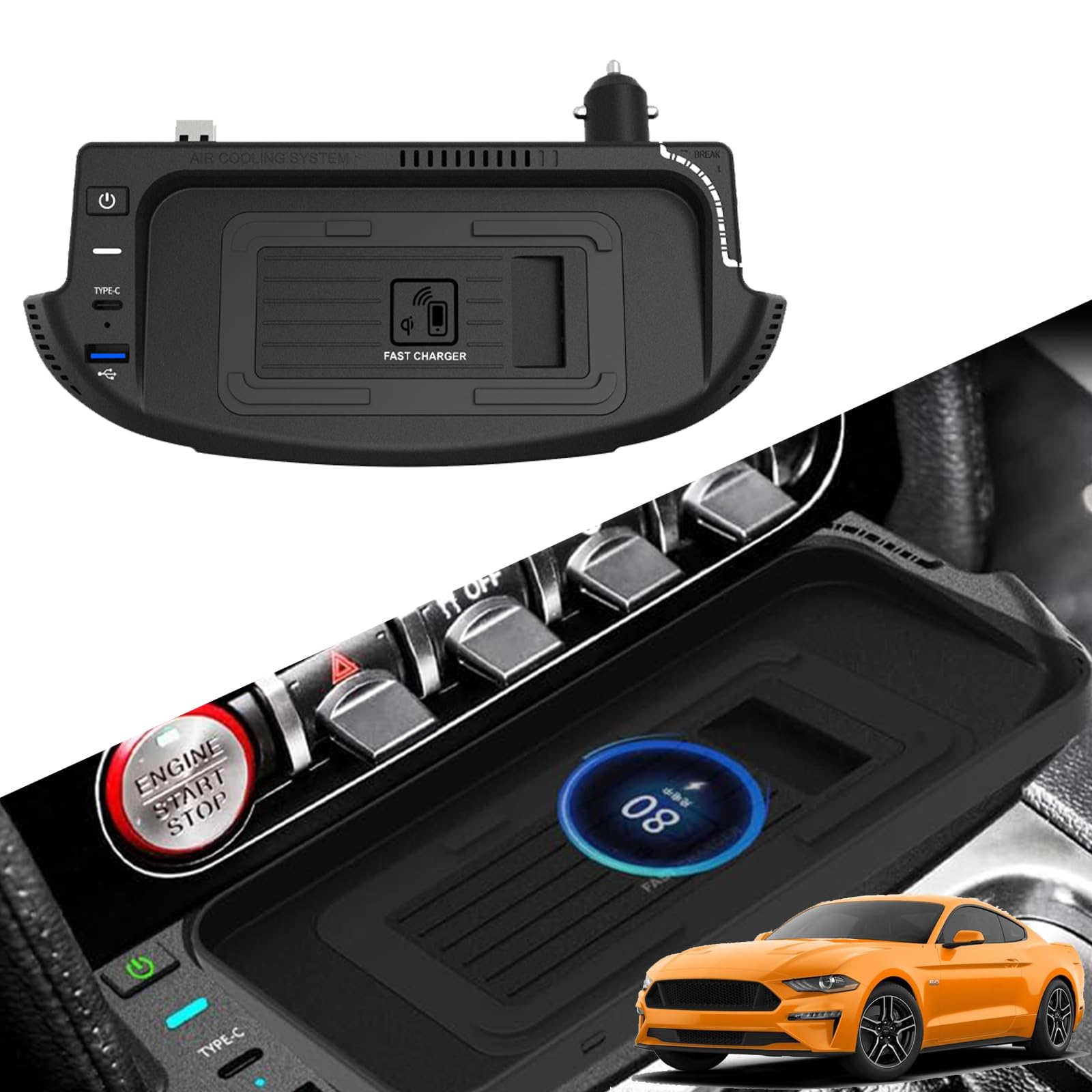 2024 Kngiybo Nuova Caricatore Wireless Auto per Ford Mustang (2015-2023),Caricabatterie Wireless Veloce per Telefoni Con QI,Regali Di Festa per La Famiglia, Ricarica Wireless da 15 W + Ricarica Rapida