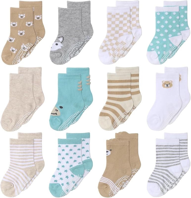 medias orgánicos unisex para bebés 0-24 meses Juego de 12 medias antideslizantes de algodón suave para recién nacidos y niños pequeños - Menta gris
