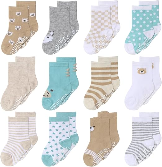 The Peanutshell Organic Baby Unisex Socks 0-24 Months Set of 12 Non-Slip Grip Soft Cotton Newborn & Toddler Socks - Gray Mint