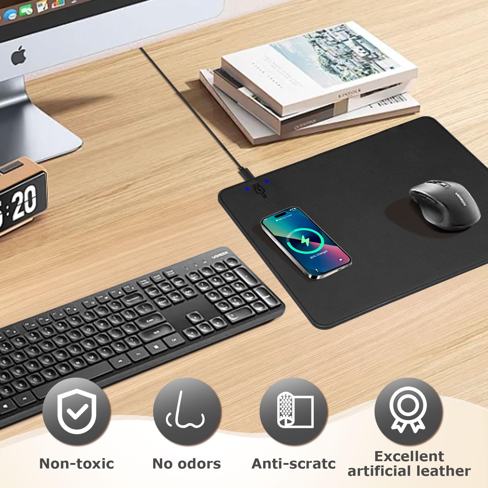 Tappetino per mouse con ricarica wireless, 2 in 1, multifunzione, in pelle, con base in gomma antiscivolo, impermeabile, per computer, ufficio, lavoro, casa, decorazione (30,5 x 25,4 cm