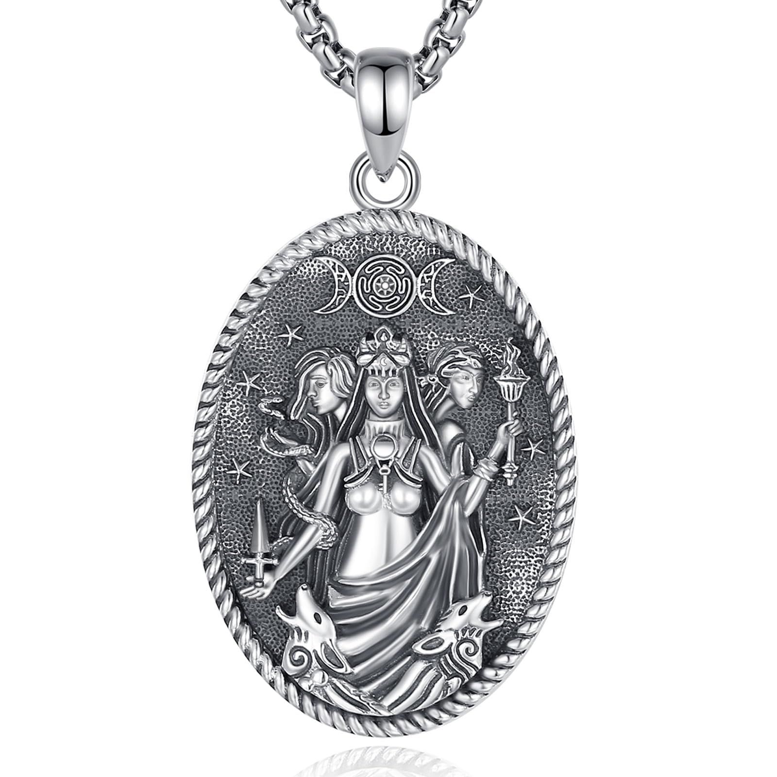 JERWLI Hekate 925 Sterling Silver Wiccan Pagan Necklace Triple Moon