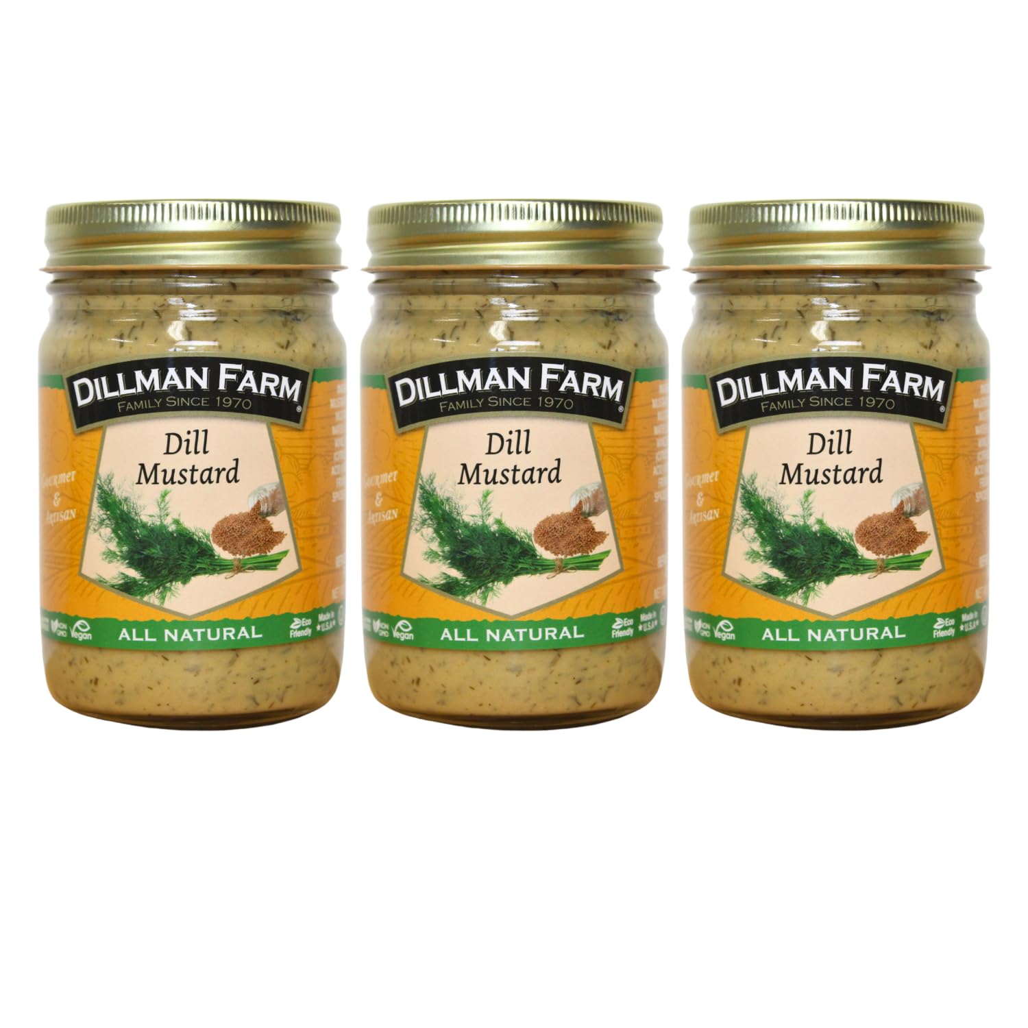 Dillman FarmAll Natural Gourmet Dill Mustard - Gluten-Free, Non-GMO, Vegan, Kosher, Eco-Friendly, Preservative Free, Corn Syrup Free - Made in USA, 13oz (Pack of 3)