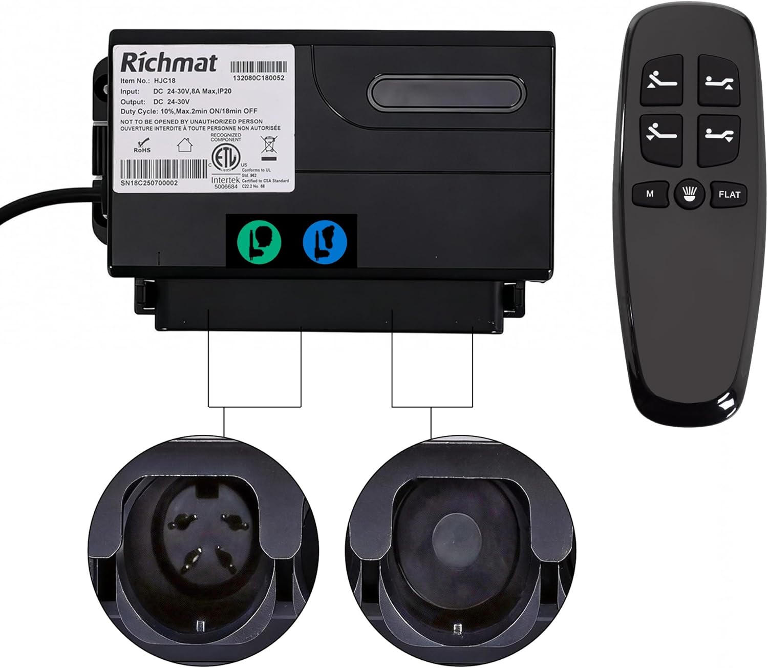 Richmat Adjustable Bed Control Box HJC18 with Bed Remote Replacement, for Round 4 Pin Head and Foot Motor Only