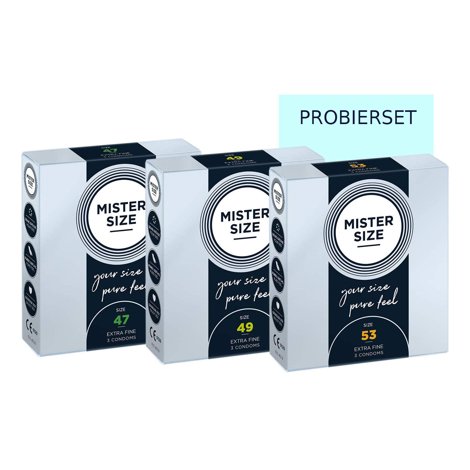 MISTER SIZE Préservatifs vraiment délicats (47-49-53) Coffret d'essai 3x3 / extra fin, extra fin, extra humide/en latex de caout