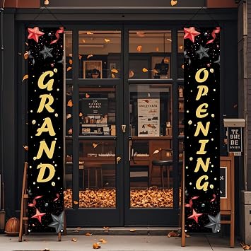 Grand Opening Porch Banner,Now Open Door Decorative Hanging Banner, New Store Advertising Decorations for Shop Garden Outdoor Ceremony Business Supplies Restaurant Grocery Cafes Shop Black Gold 2